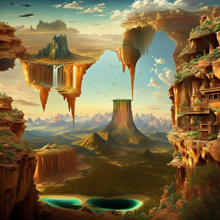 Fantasy landscape with floating islands and waterfalls