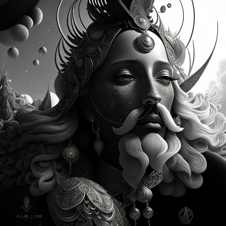 Fantastical character with decorative horns and celestial symbols in monochromatic illustration