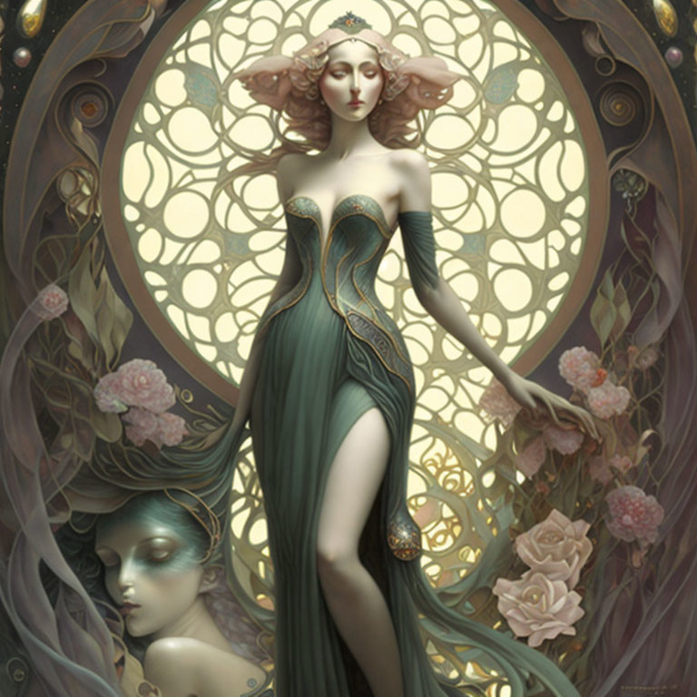 Art Nouveau-style illustration of elegant woman in green dress with roses and decorative halo