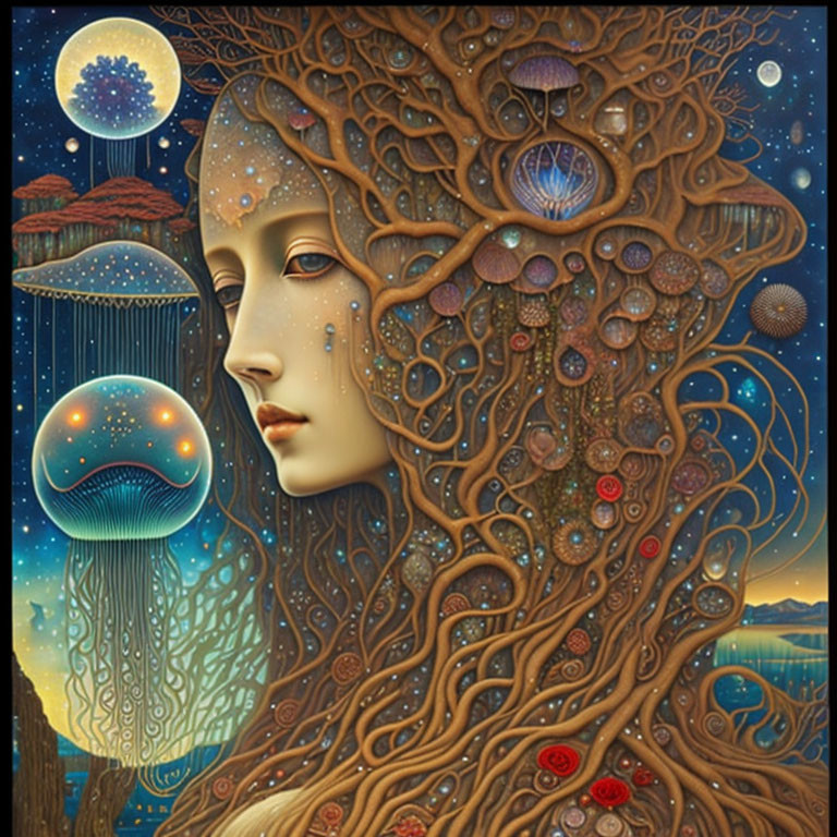 Surreal artwork of woman merging with tree and cosmic elements