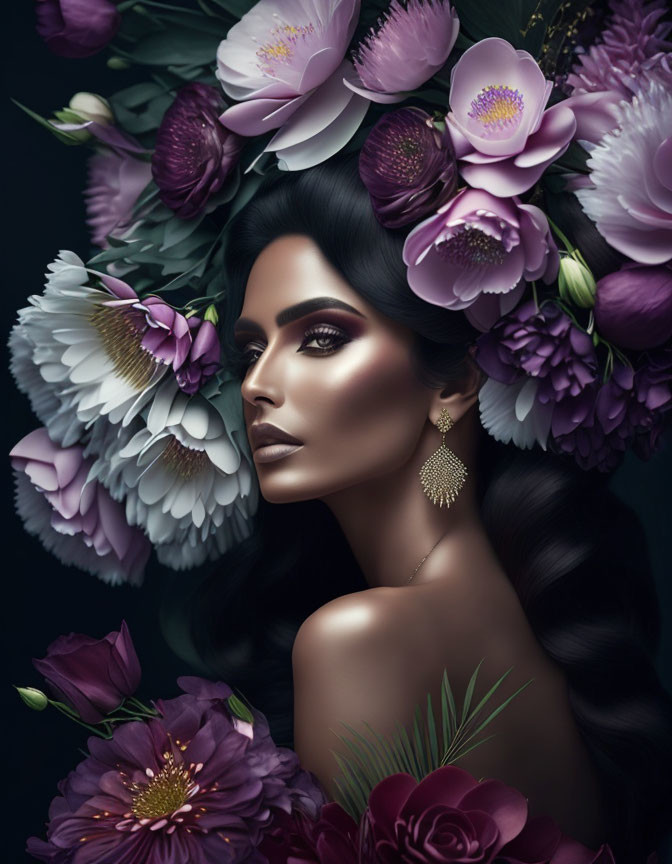 Dark-haired woman surrounded by lush purple and white flowers with bold makeup and gold earrings