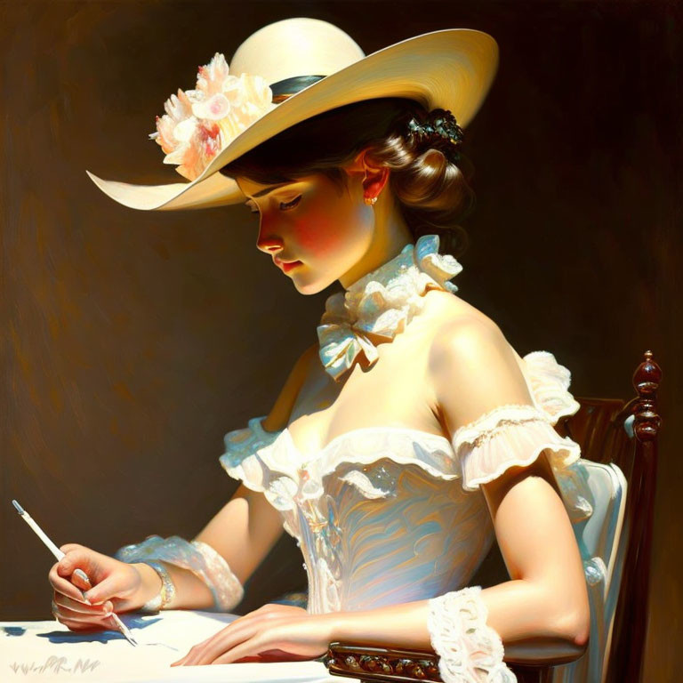 Vintage woman in wide-brimmed hat writing letter with elegant grace