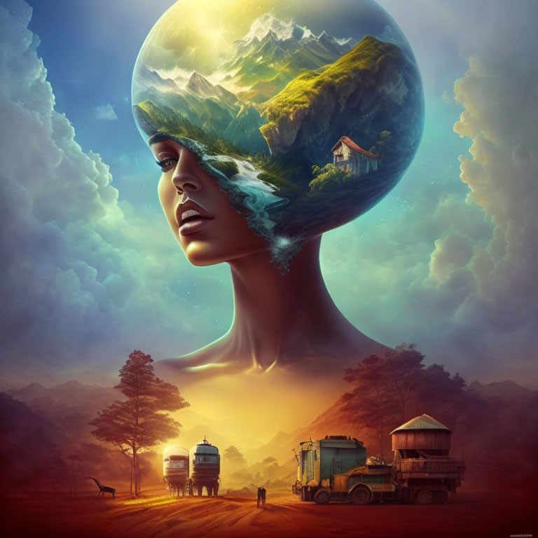 Surreal artwork: woman's profile merges with landscape sphere against rural dawn backdrop