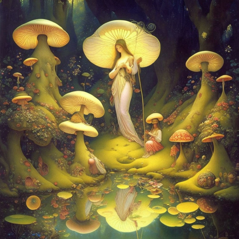 Glowing female figure with umbrella in enchanted forest among oversized mushrooms