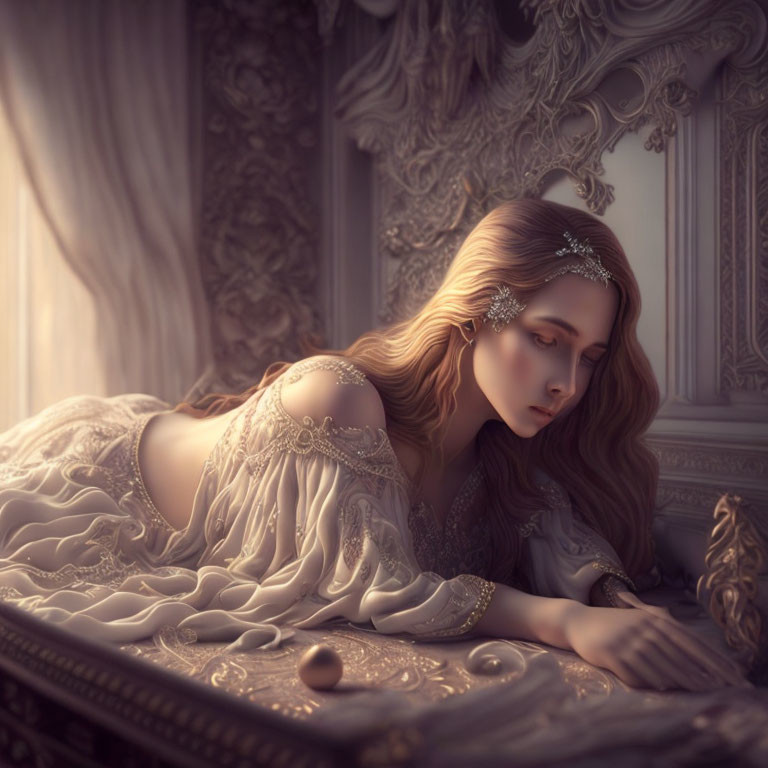 Ethereal woman in ornate white gown against vintage decor