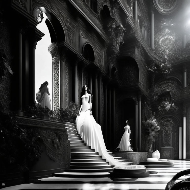 Elegant woman in white dress on ornate staircase in luxurious interior