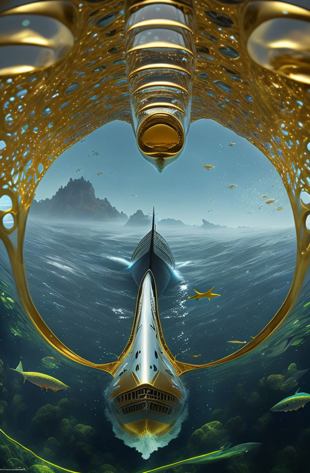 Futuristic ship sailing on ocean under honeycomb-patterned sky