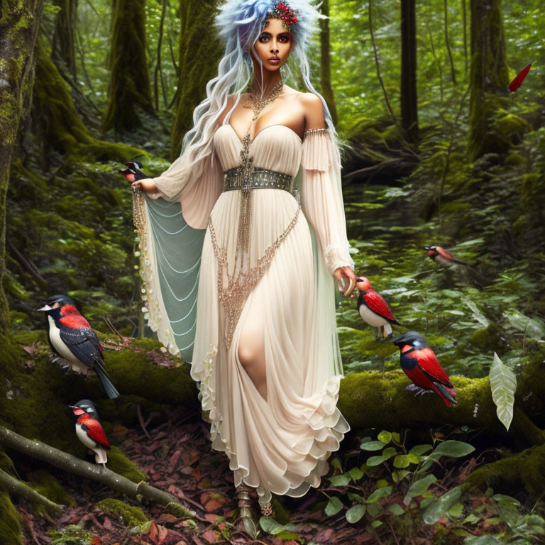 Fantastical woman with blue hair in lush forest with red and black birds