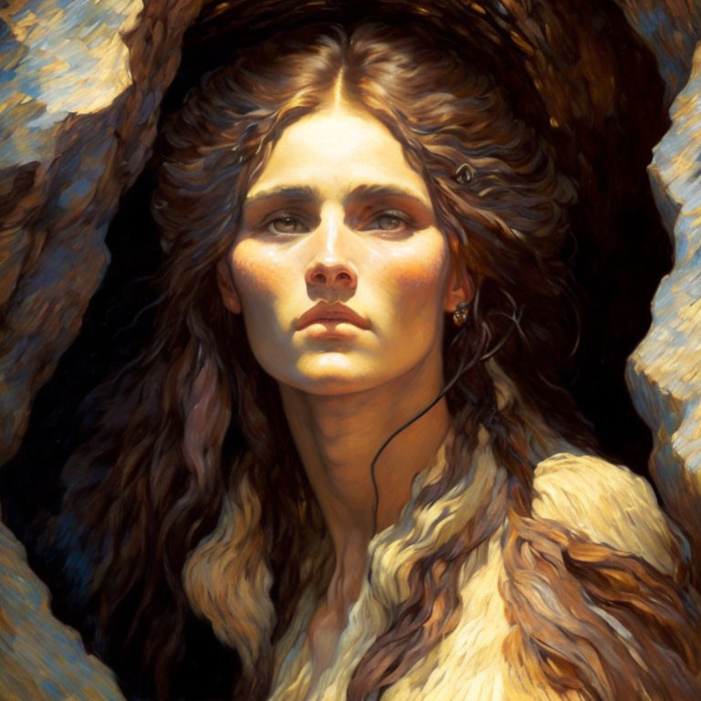 Portrait of Woman in Fur Cloak under Stone Arch with Intense Gaze