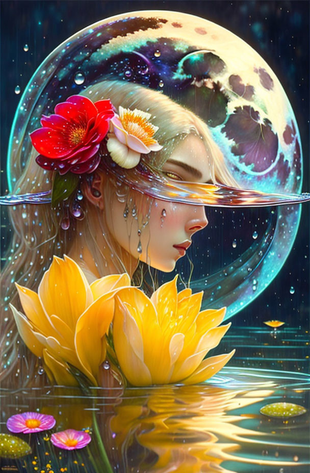 Surreal illustration of woman with cosmic moon, flowers, water, and lotuses