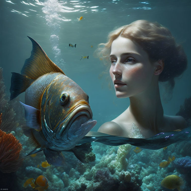 Woman and large fish in serene underwater scene