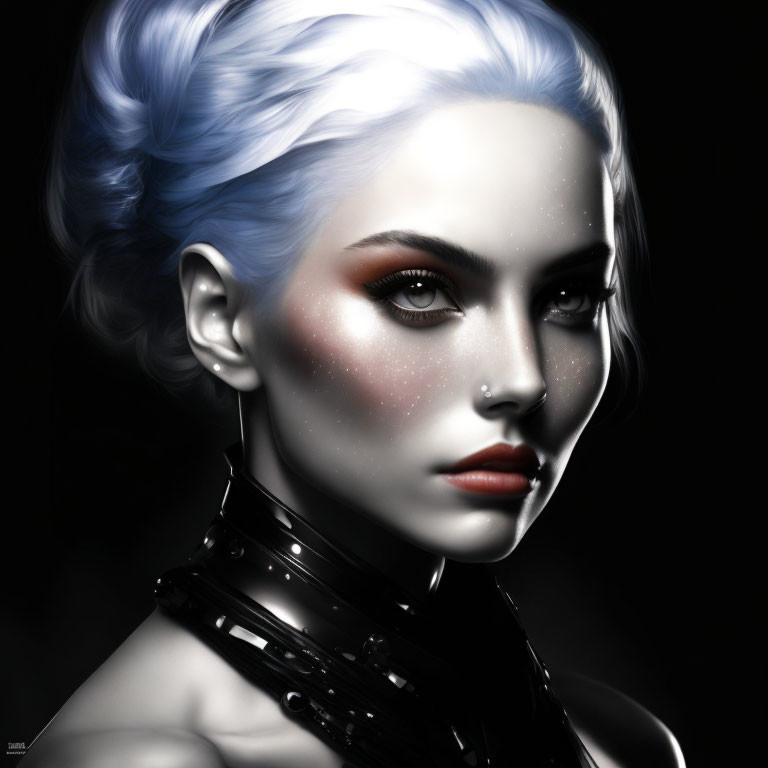 Woman with Pale Skin and Icy Blue Hair in Futuristic Setting