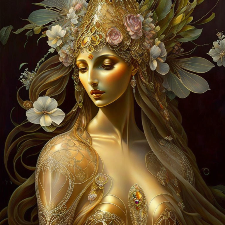 Ethereal woman with golden jewelry and floral headdress