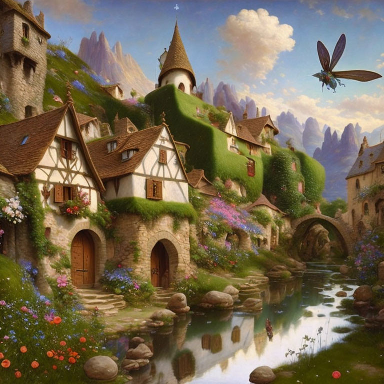 Fantasy village with quaint houses, lush hills, river, flora, giant dragonfly