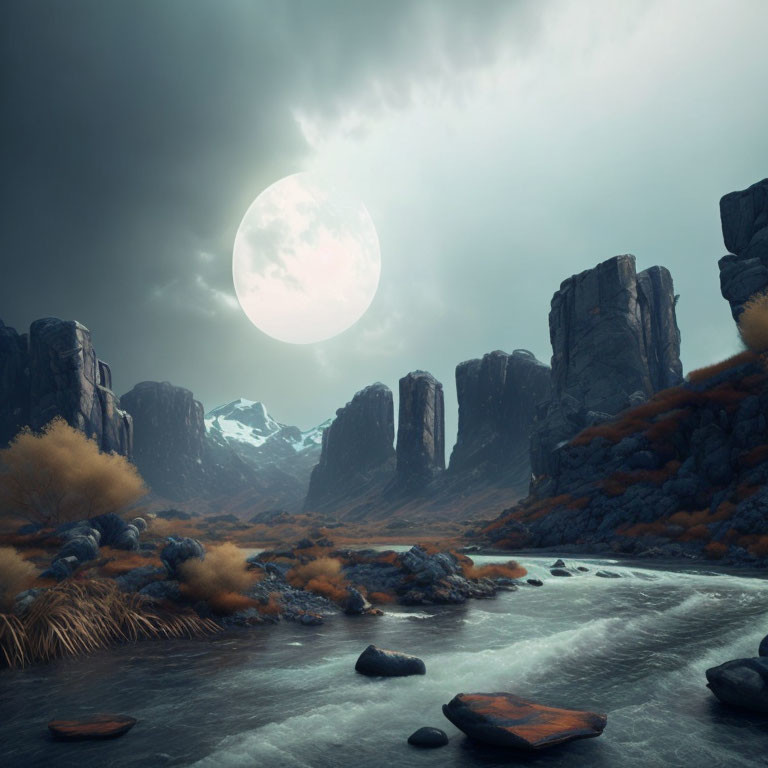 Moody landscape with towering cliffs, frozen river, autumnal foliage, oversized moon.