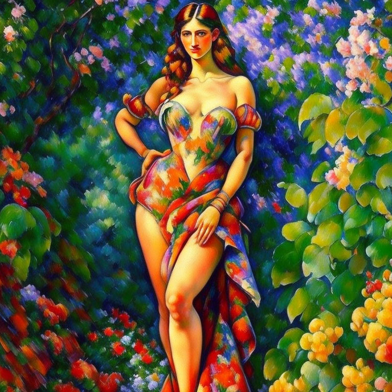 Colorful painting: Woman in floral dress in lush garden.