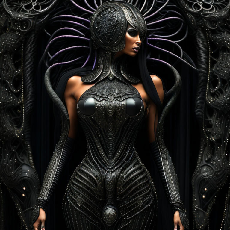 Intricate futuristic black bodysuit with detailed patterns on woman