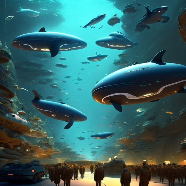 Futuristic underwater scene with whale-shaped submarines, fish, and awe-struck people.