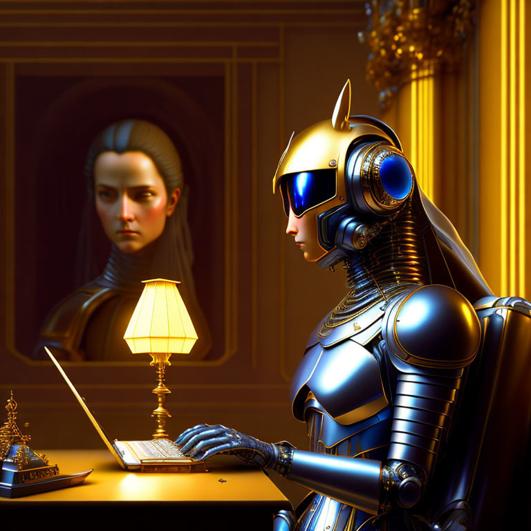 Humanoid robot in armor using laptop in luxurious room