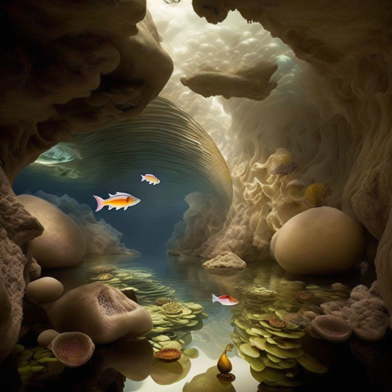 Colorful Fish Swimming in Glowing Underwater Cave