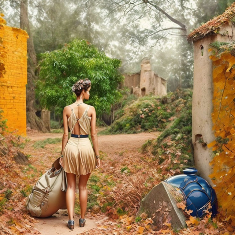 Woman with duffel bag in forest path with ruins and autumn leaves