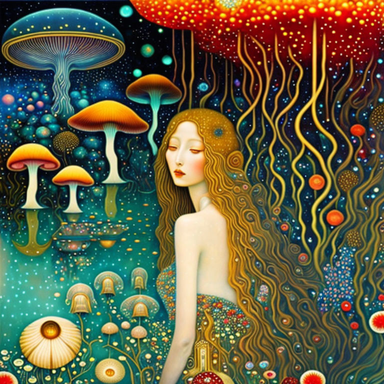 Illustration of woman with flowing hair among vibrant mushrooms and celestial motifs