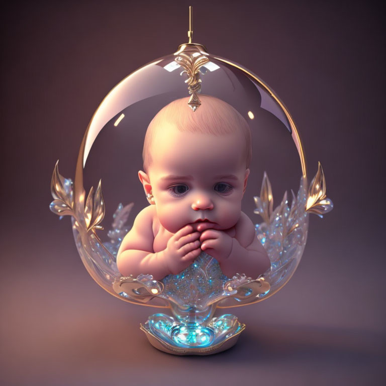 Digital artwork of baby in ornate bubble with glowing blue base