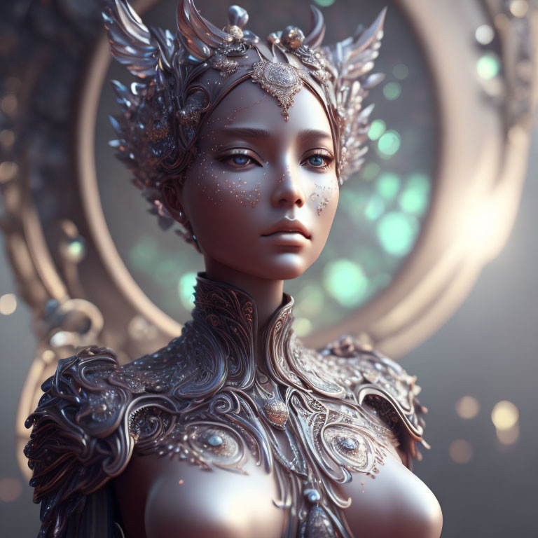 Solemn fantasy figure in silver armor with headdress and sparkling adornments