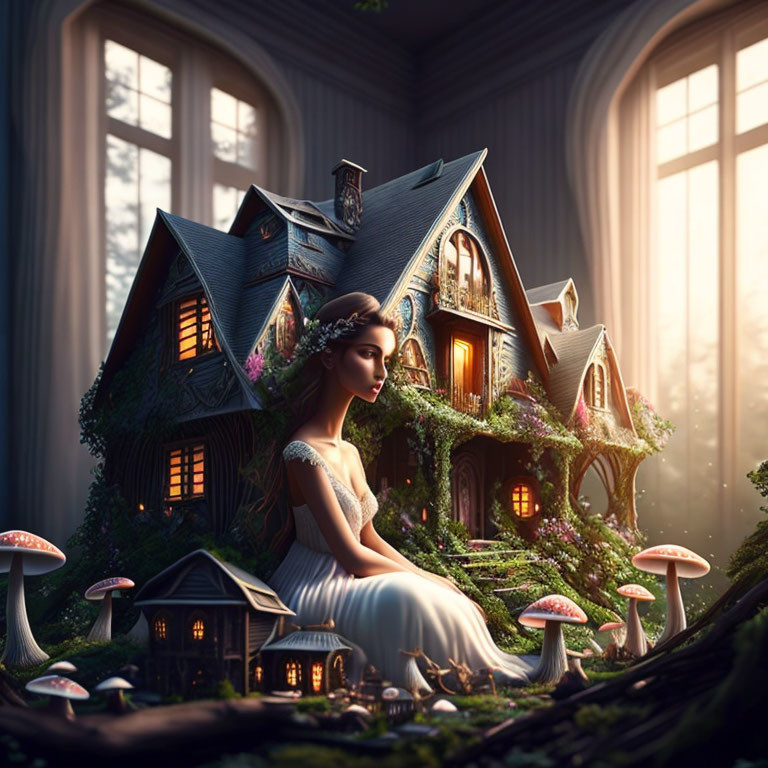 Woman in white dress sitting in front of whimsical house with forested roof and giant mushrooms in warm