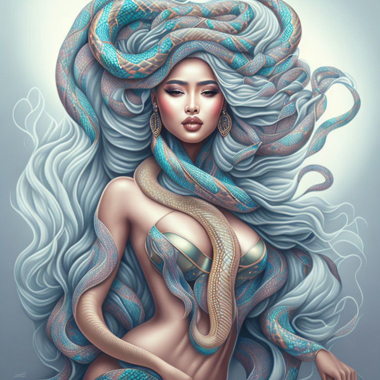 Fantastical portrait of woman with flowing hair and serpentine creatures in blue and teal.
