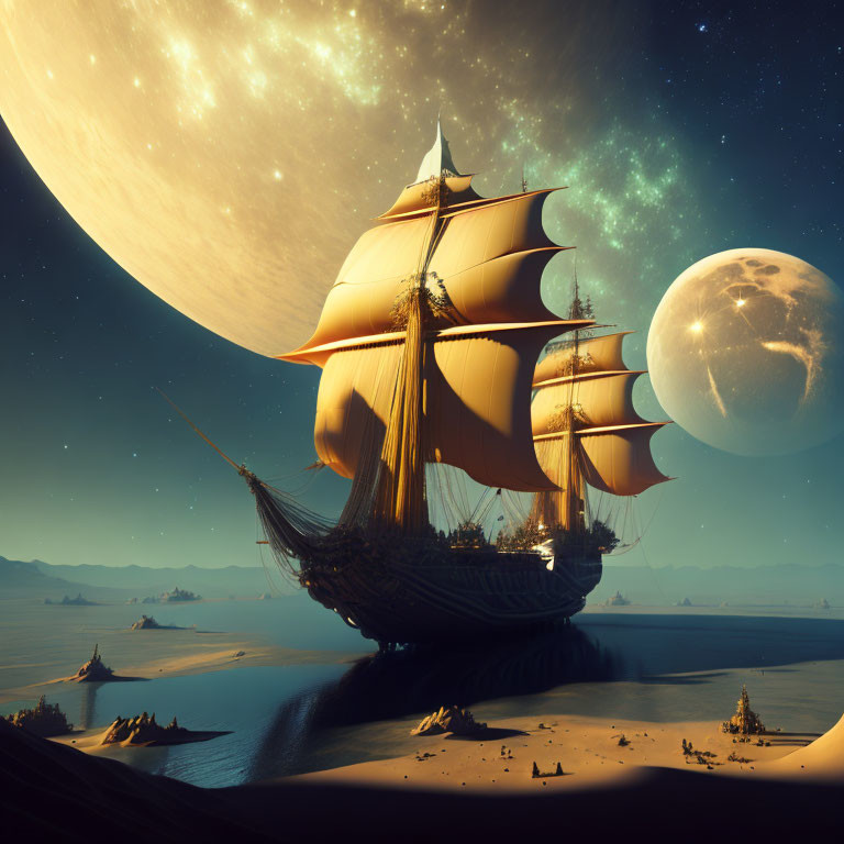 Sailing ship on desert under night sky with celestial bodies