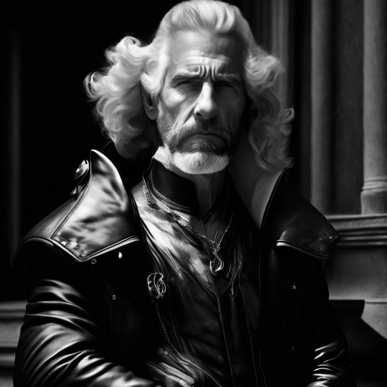 Monochrome portrait of a man with long wavy hair in leather jacket