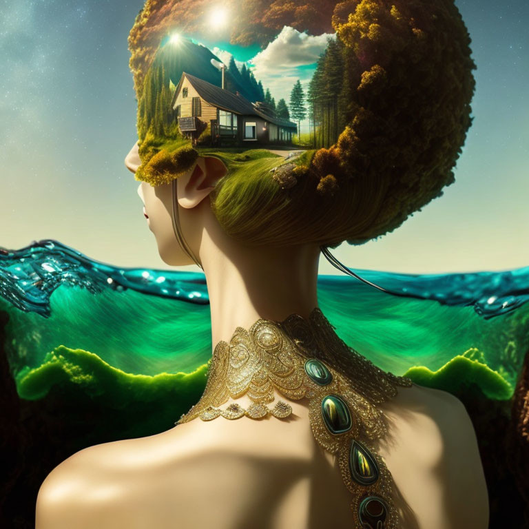 Surreal image of woman with landscape head and water waves.