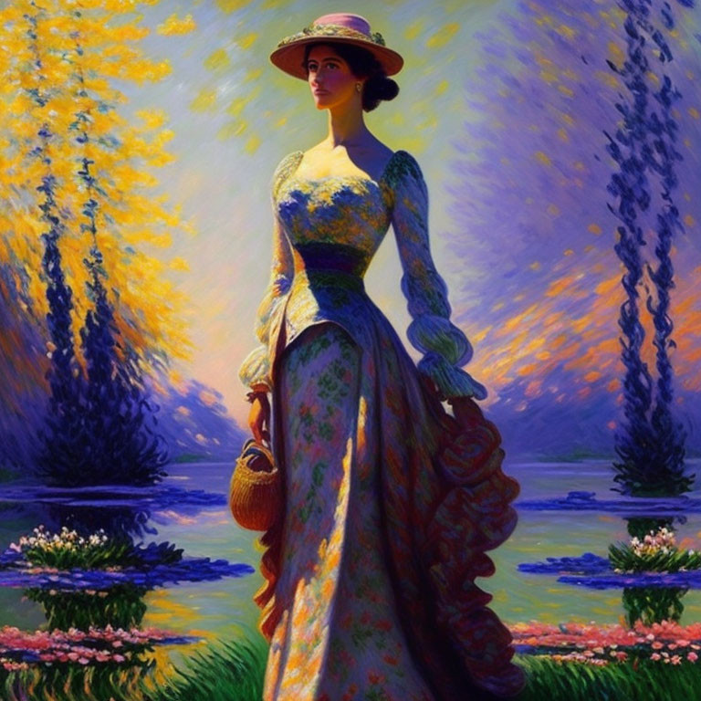 Victorian lady in elegant dress with basket in vibrant flower garden at sunset