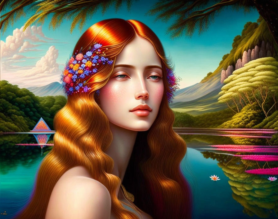 Surreal portrait of woman with red hair and blue flower crown in vibrant landscape