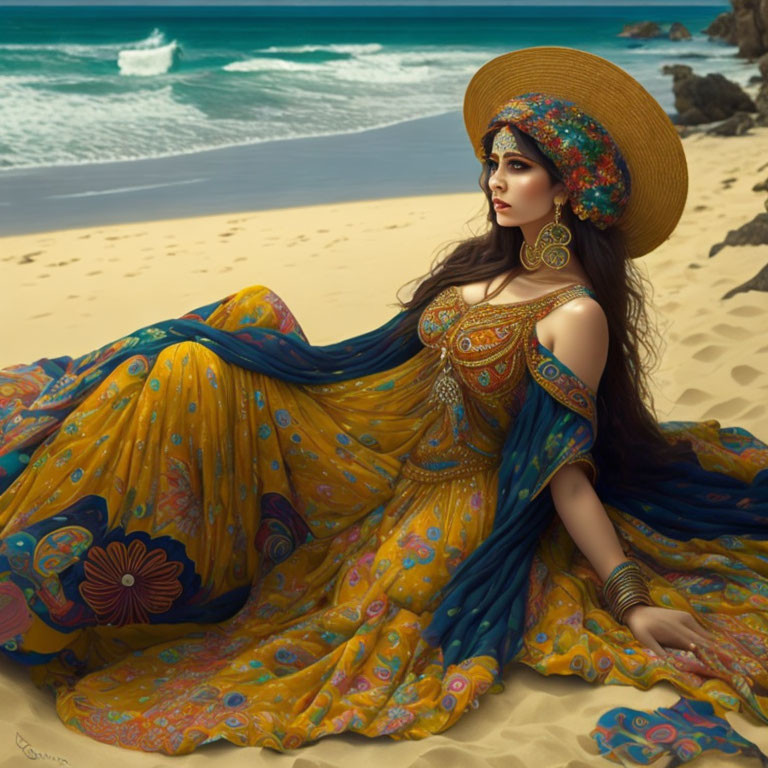 Woman in Vibrant Yellow Dress and Ornate Hat by Ocean