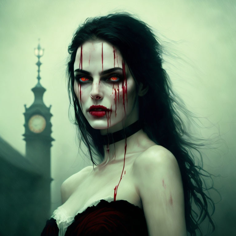 Pale woman with dark hair and blood-like streaks in front of clock tower.