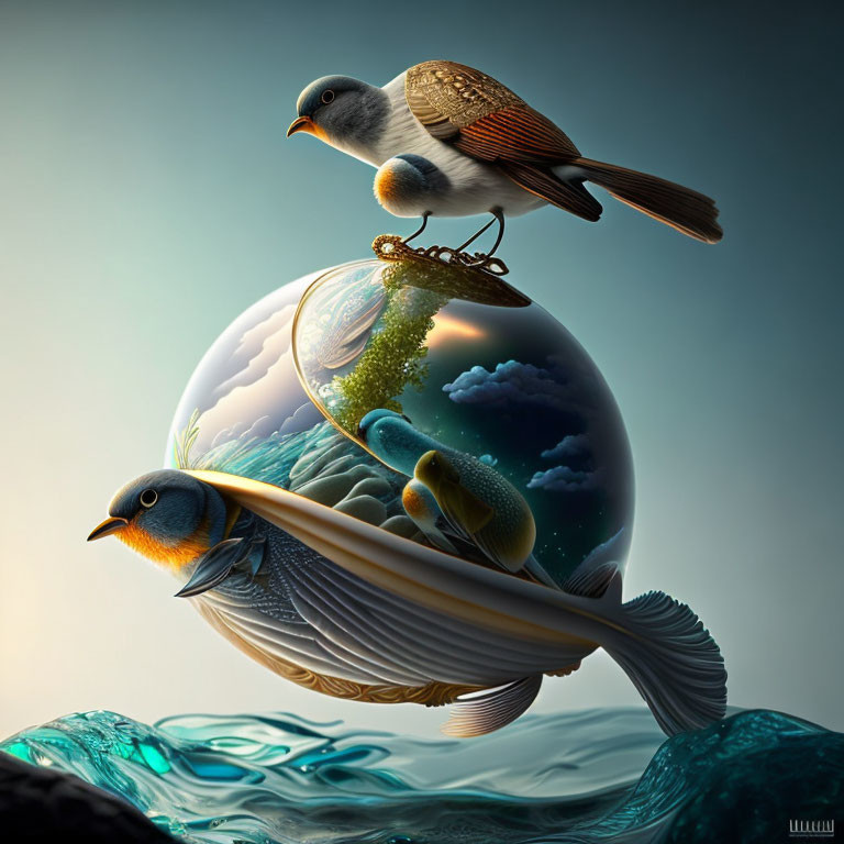 Surreal image: Birds with fish tails on globe in water