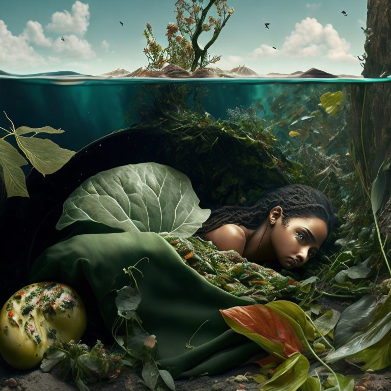 Woman Submerged in Water Surrounded by Green Foliage