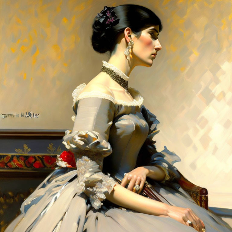 Victorian lady in lace collar and choker, floral adornment, gazing sideways.