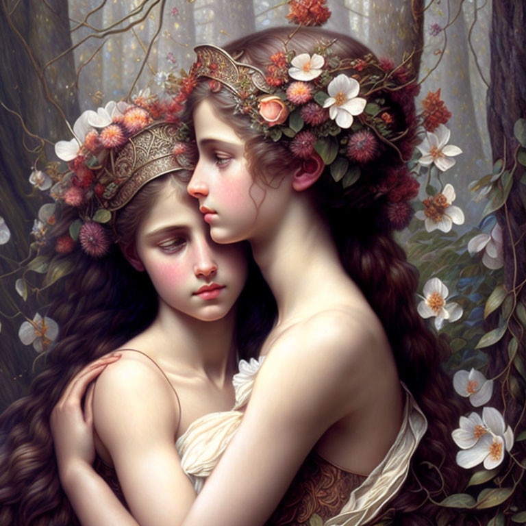 Two women embracing in serene, wooded setting with floral crowns