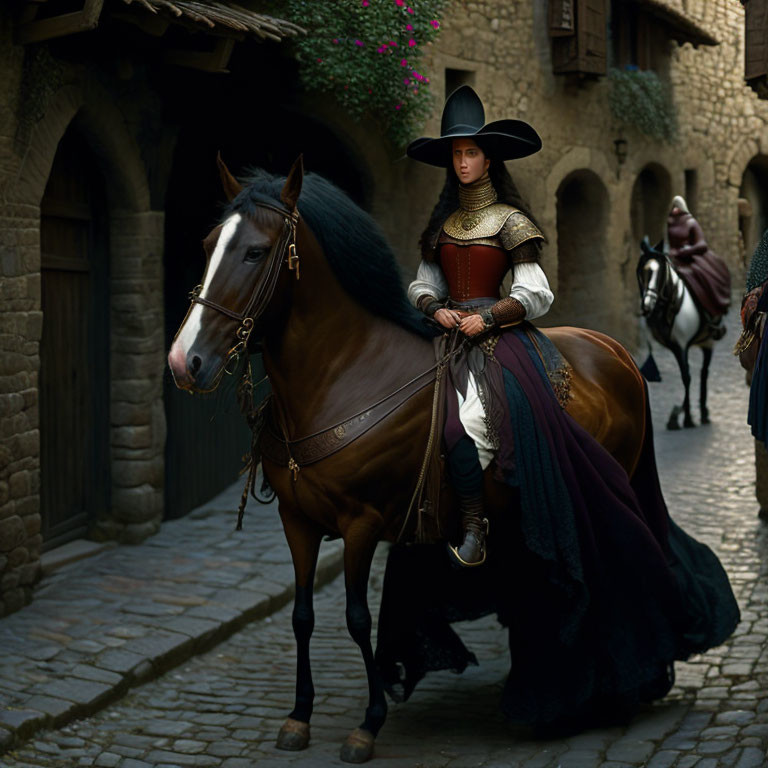 Historical scene: Person in period attire riding horse on cobblestone street