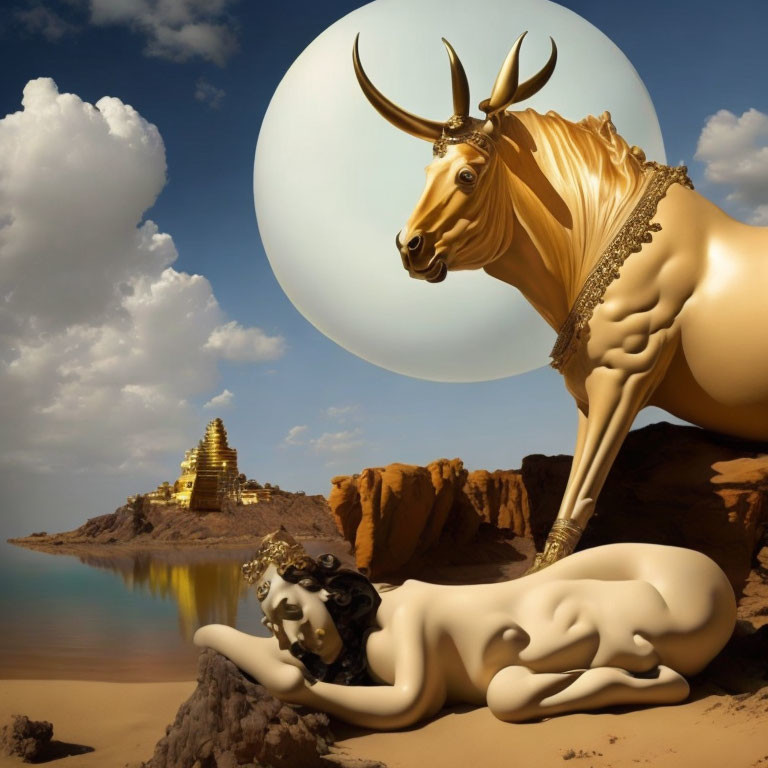 Surreal image: Golden bull and reclining figure on sandy beach with white orb and golden temple