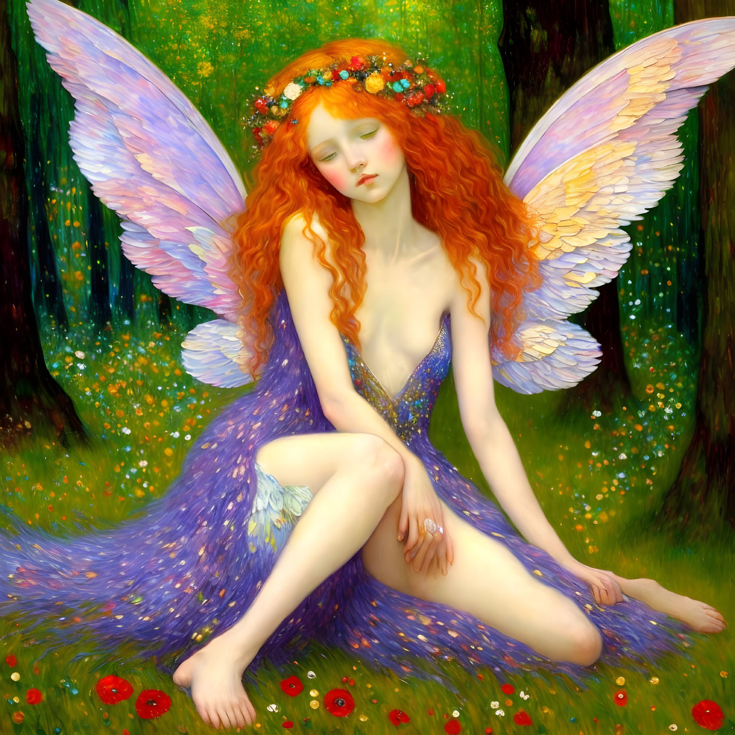 Fantasy illustration of red-haired winged female in floral crown in lush forest