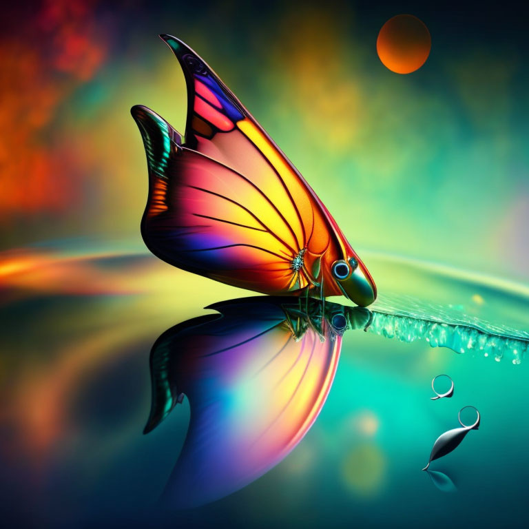 Colorful Butterfly Artwork on Water Droplet with Surreal Background