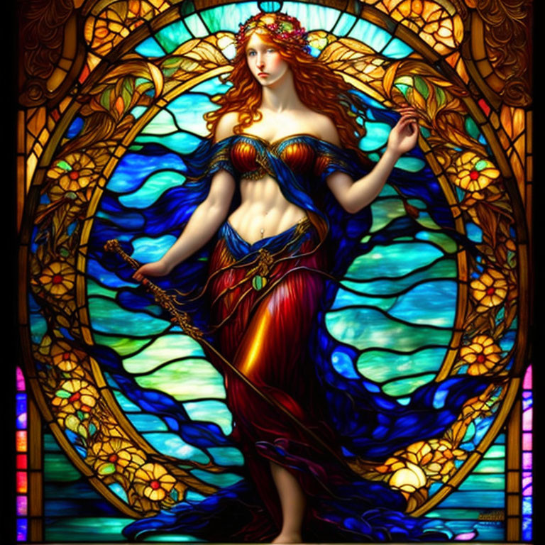 Stained glass artwork of woman with red hair, crown, staff, blue and red attire, ocean