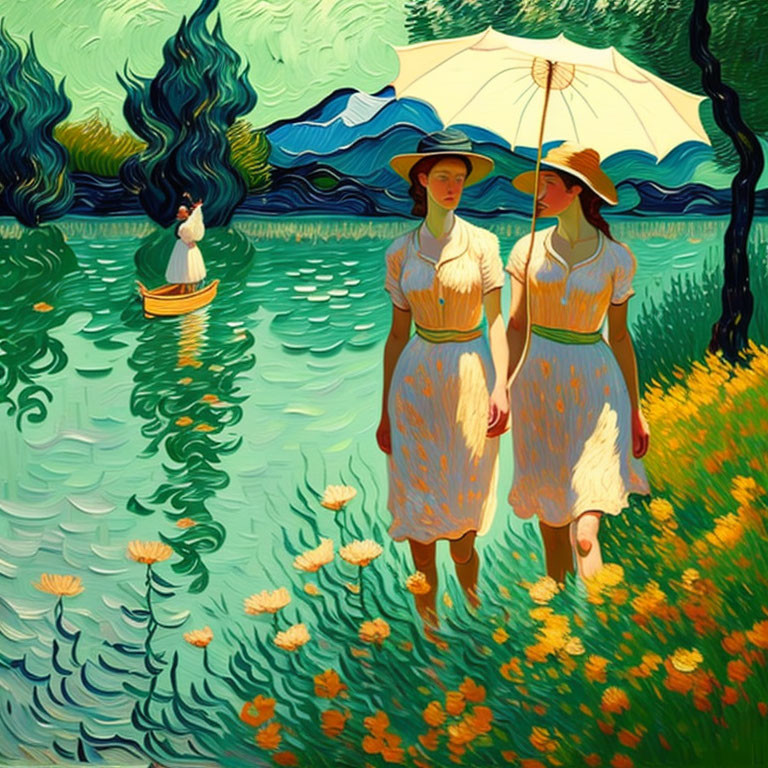 Scenic river landscape with two women, umbrella, and boat