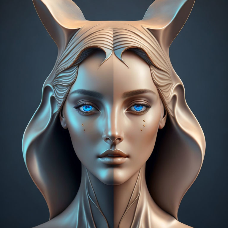 Digital portrait of female figure with fox-like ears and blue eyes on dark background