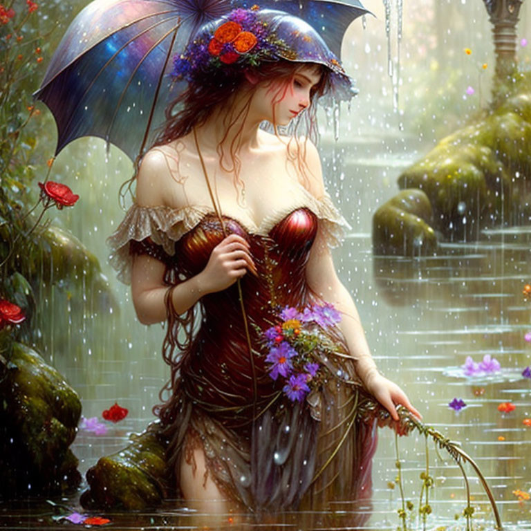 Woman with umbrella and flowers in rain-soaked garden