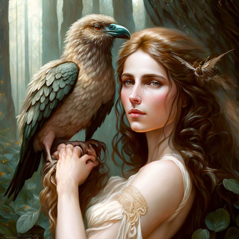 Woman with flowing hair and bird with long feathers in digital painting